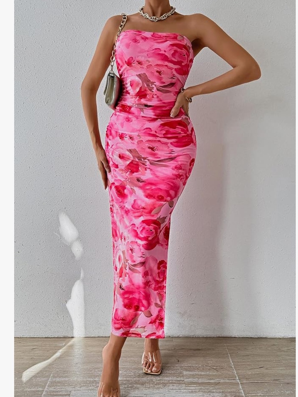 Strapless Pink Floral Midi Dress